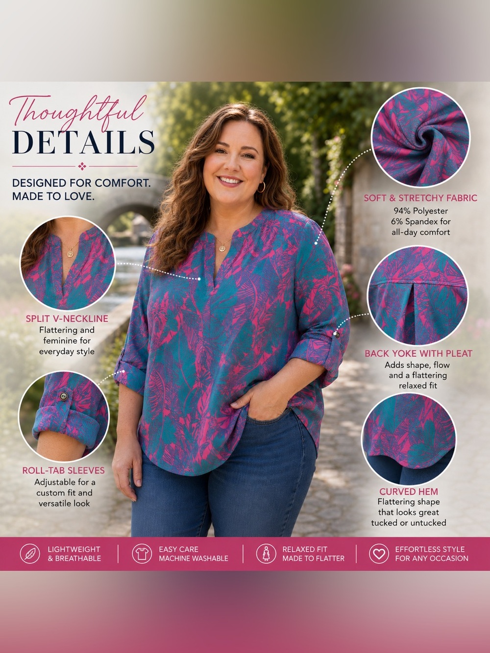 🆕 Turquoise Pink Split Neck Roll Tab Blouse Plus Size XL 2X 3X NWT